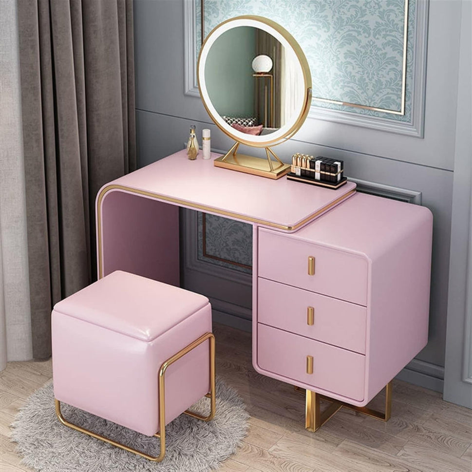 Ela Makeup VanityVanity + Mirror + Stool / Pink (RAL 3015) / Facing Right Drawers