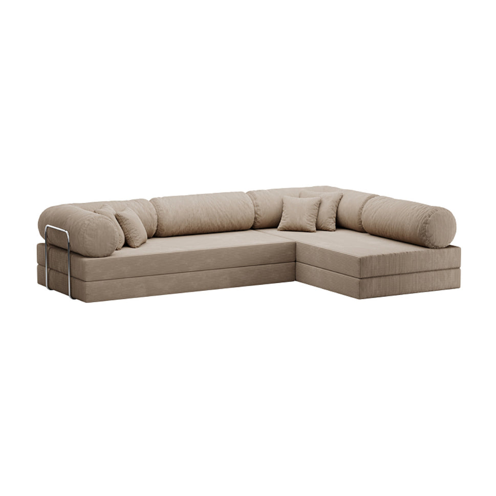 Oriva L-Shaped Sofa BedDark Beige | With Round Cushions / Facing Right L-Shape