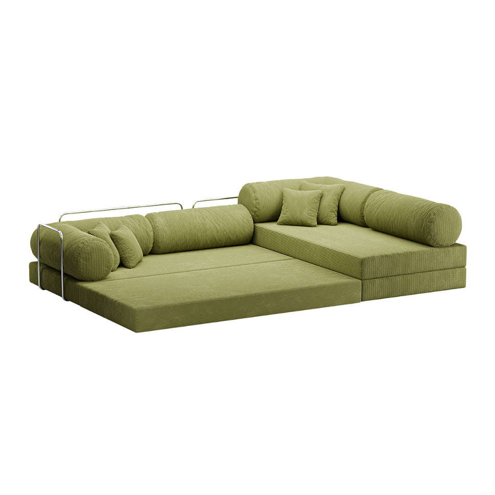 Oriva L-Shaped Sofa BedLight Green | With Round Cushions / Facing Right L-Shape