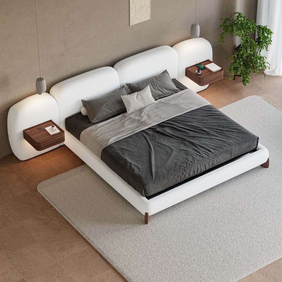 Vea Boucle BedKing Bed: Mattress Size 180 x 200 cm | Overall W 330 x D 235 x H 110 cm | Color: White / Drawer