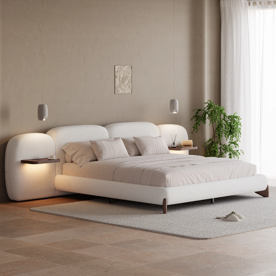 Vea Boucle BedQueen Bed: Mattress Size 160 x 200 cm | Overall W 310 x D 235 x H 110 cm | Color: White / Shelf