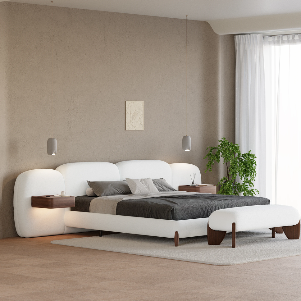 Vea Boucle BedCalifornia King Bed: Mattress Size 200 x 200 cm | Overall W 350 x D 235 x H 110 cm | Color: White / Drawer