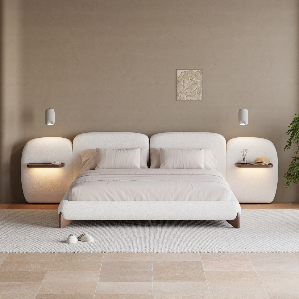 Vea Boucle BedKing Bed: Mattress Size 180 x 200 cm | Overall W 330 x D 235 x H 110 cm | Color: White / Shelf