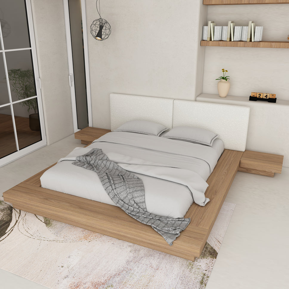 Vivien Japanese BedKing Size: Mattress 180 x 200 cm | Overall W 320 cm x D 230 cm x H 95 cm / White Boucle Fabric / Light Walnut