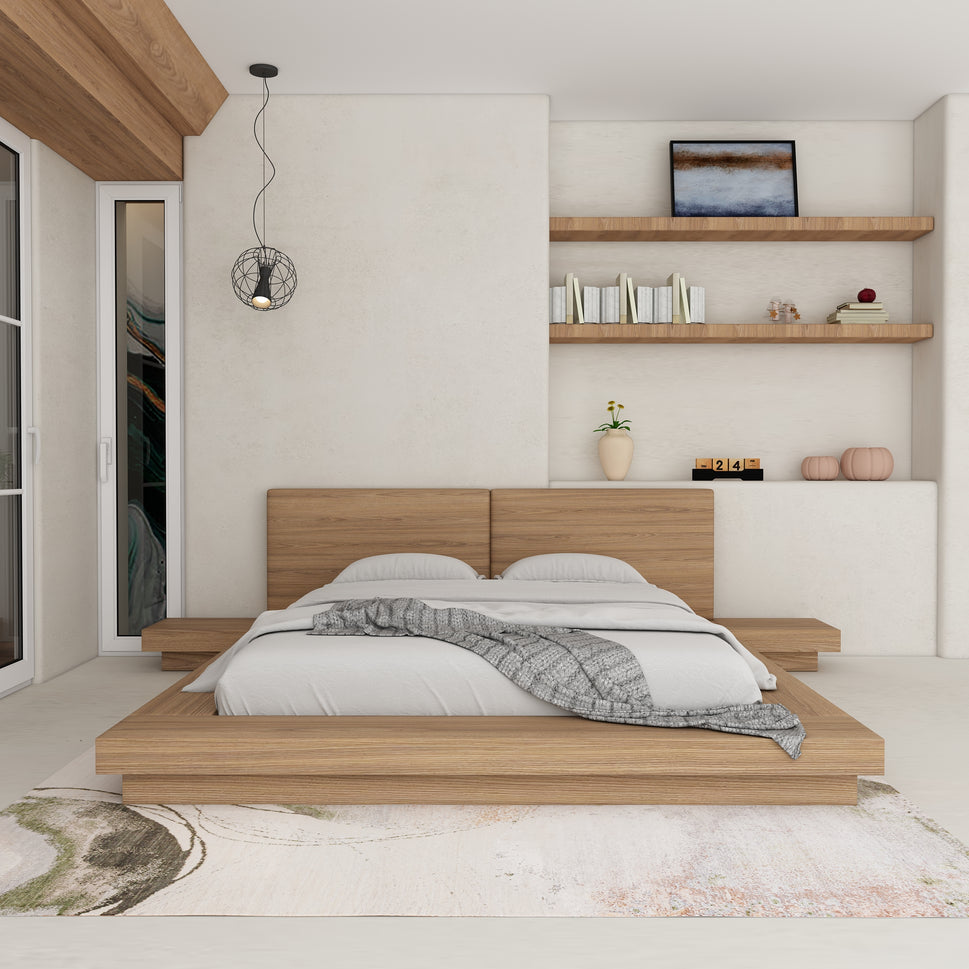 Vivien Japanese BedCalifornia King Size: Mattress 200 x 200 cm | Overall W 340 cm x D 230 cm x H 95 cm / Light Walnut Wooden