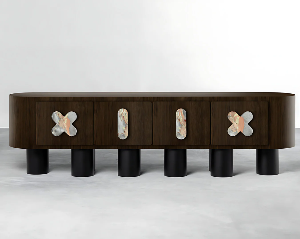 X ELEVEN-XII TV UnitDark Brown & Colored Marble Wood Veneer / With Cable Hole