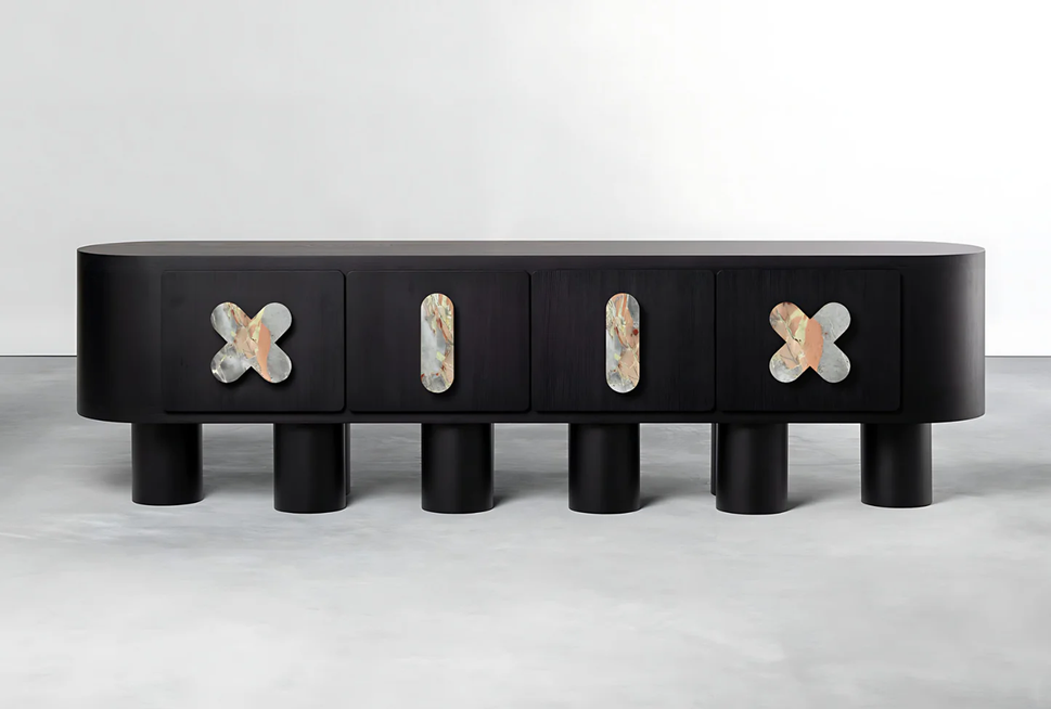 X ELEVEN-XII TV UnitBlack & Colored Marble Wood Veneer / With Cable Hole