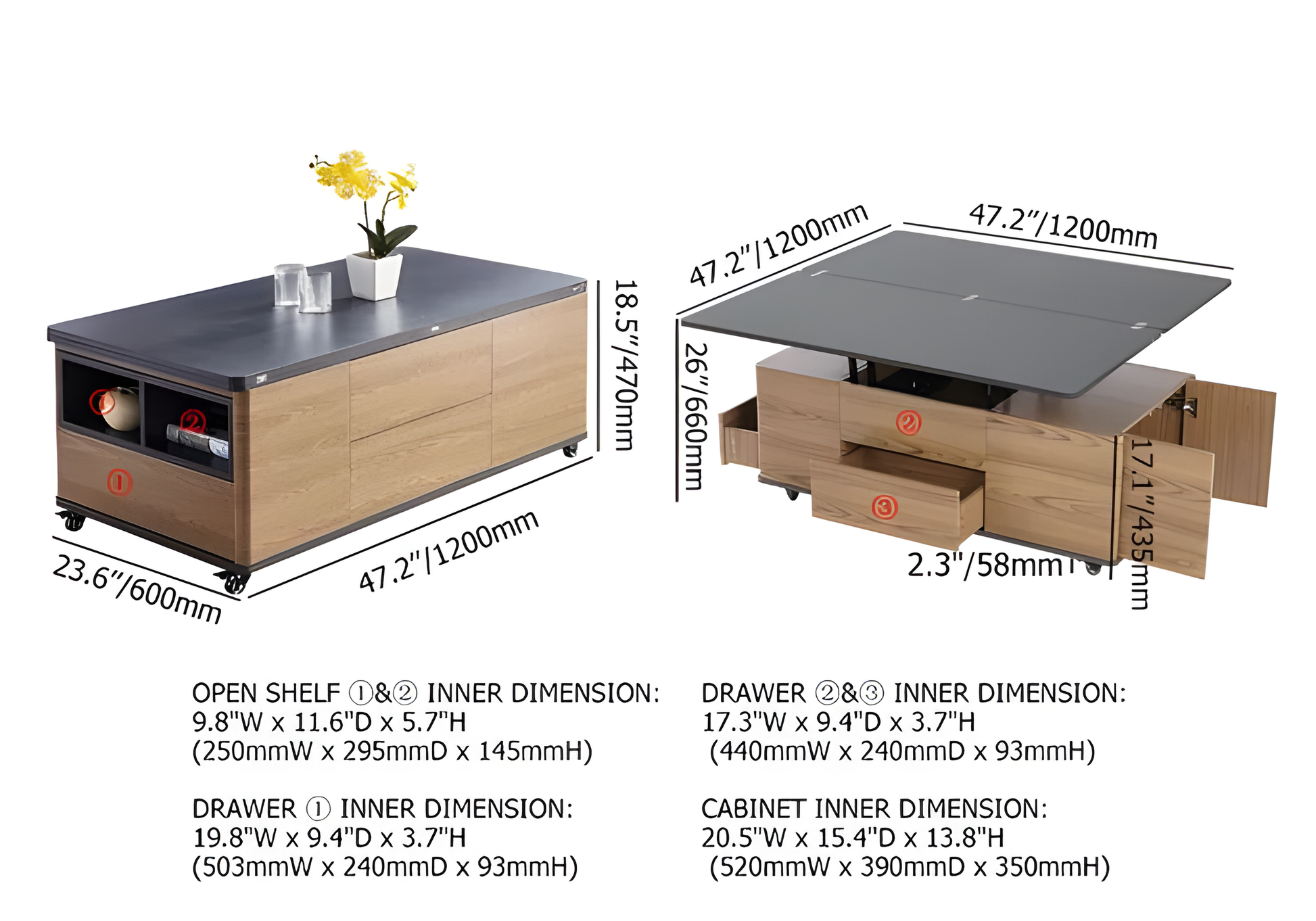 Wide Extendable Multifunctional Table / 120L x 60W x 47H cm