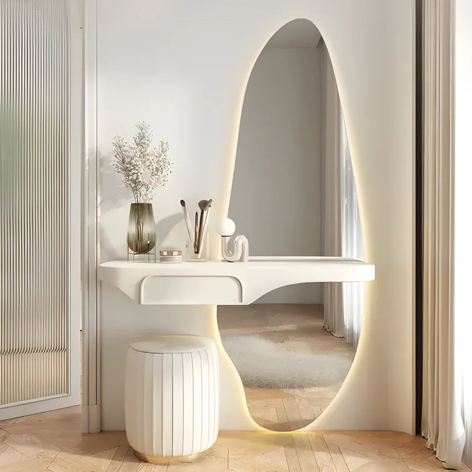 Cloud VanityVanity: W 120 x H 75 x D 40 cm/ Stool: Dia 37 x H 43 cm/ Mirror: H 190 x W 90 cm / Facing Left Drawer