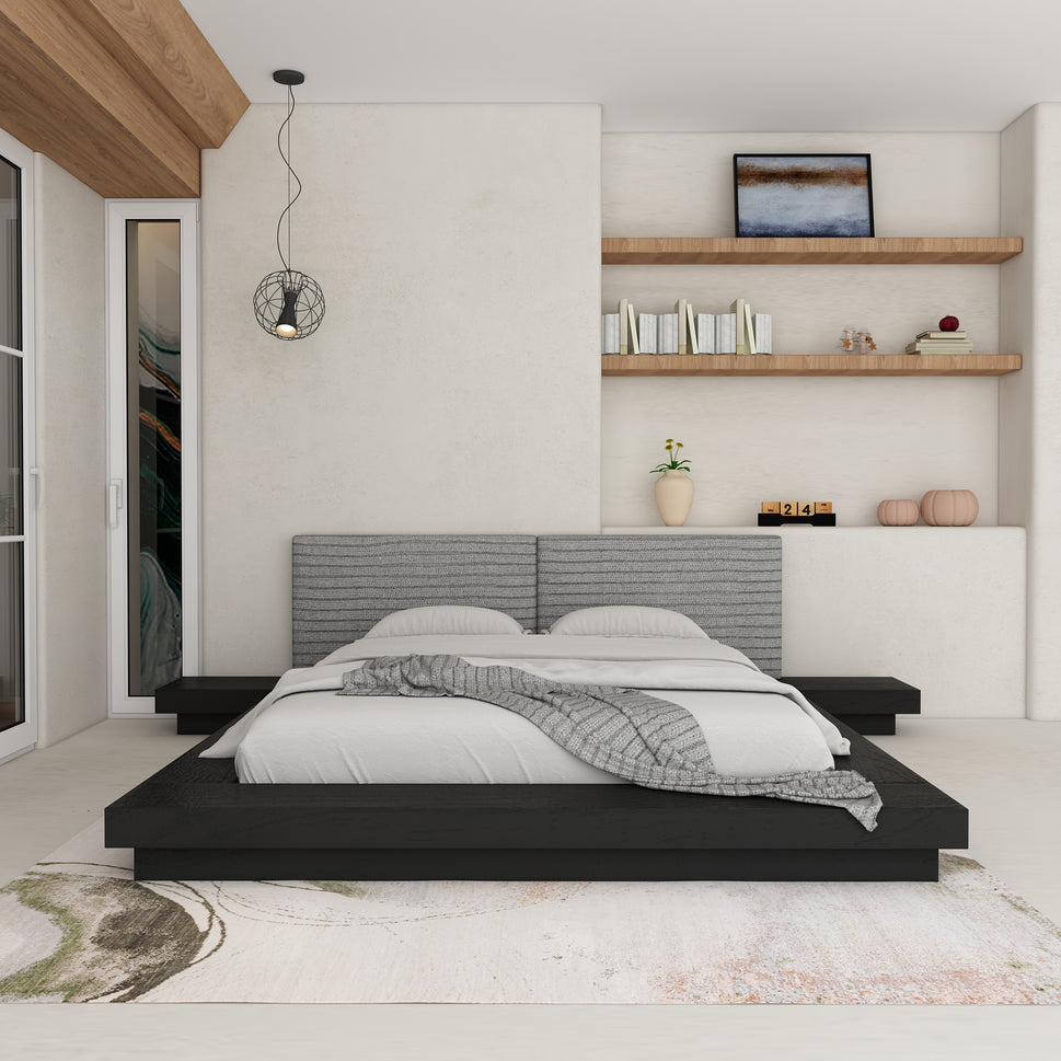 Vivien Japanese BedCalifornia King Size: Mattress 200 x 200 cm | Overall W 340 cm x D 230 cm x H 95 cm / Grey Boucle or Leather / Charcoal