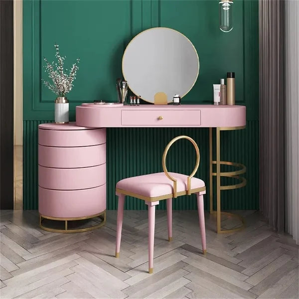 Flare Makeup Vanity Set with Side Cabinet with Side Cabinet 4 Drawers Table Mirror & Chair - Kanaba Home #