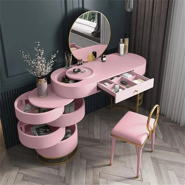 Flare Makeup Vanity Set with Side Cabinet with Side Cabinet 4 Drawers Table Mirror & Chair - Kanaba Home #