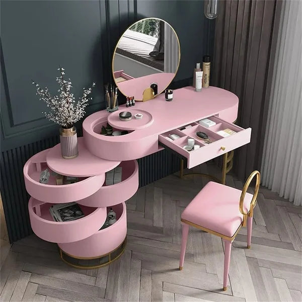 Flare Makeup Vanity Set with Side Cabinet with Side Cabinet 4 Drawers Table Mirror & Chair